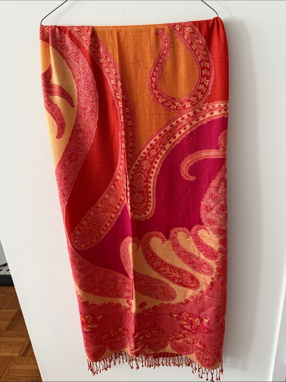 Fuchsia & Orange Paisley Reversible Kashmiri Style Large Shawl with Fringe.